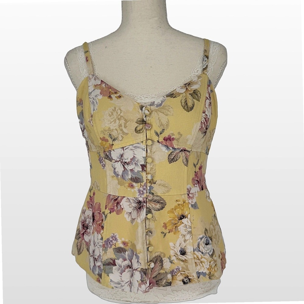 Forever New Floral Corset Bustier Top‎ S Butter Yellow Linen Blend Cottagecore